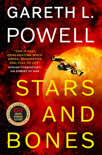 Stars and Bones Book Cover. It's a space scene of orange and red with a spaceship flying away from a fiery planet or sun.